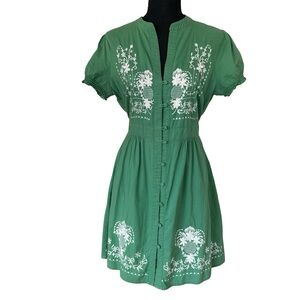 Sunny Girl Green Cotton A Line Embroidered Dress - Size L